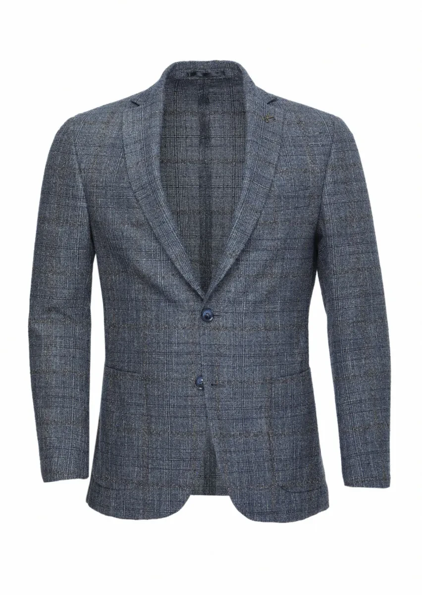 Koyu Mavi Kareli Zeroweight Slim Fit Yün Karışımlı Ceket - 1