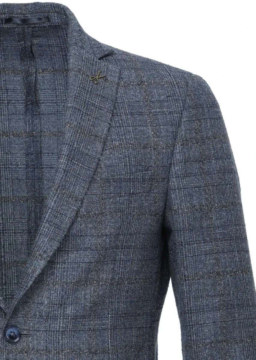 Koyu Mavi Kareli Zeroweight Slim Fit Yün Karışımlı Ceket - 2