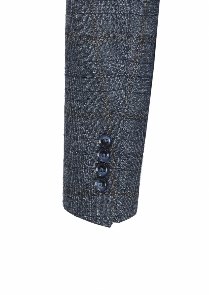 Koyu Mavi Kareli Zeroweight Slim Fit Yün Karışımlı Ceket - 4