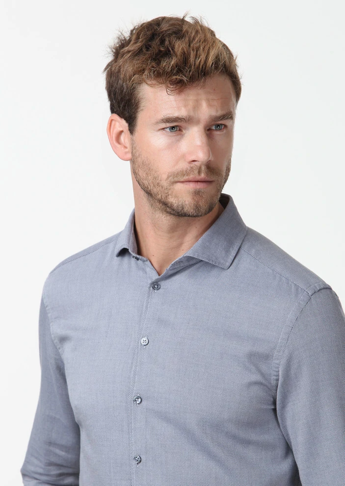 Koyu Mavi Mikro Fitted Fit Dokuma Casual %100 Pamuk Gömlek - 1