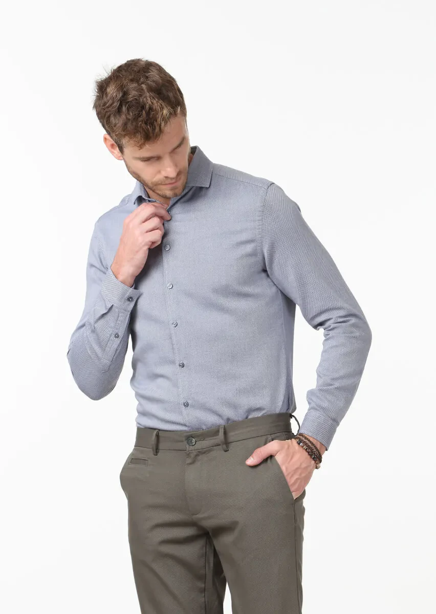 Koyu Mavi Mikro Fitted Fit Dokuma Casual %100 Pamuk Gömlek - 3