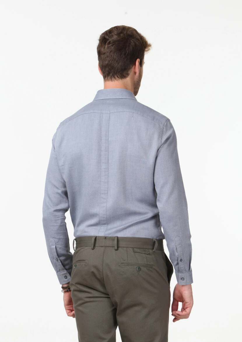 Koyu Mavi Mikro Fitted Fit Dokuma Casual %100 Pamuk Gömlek - 4