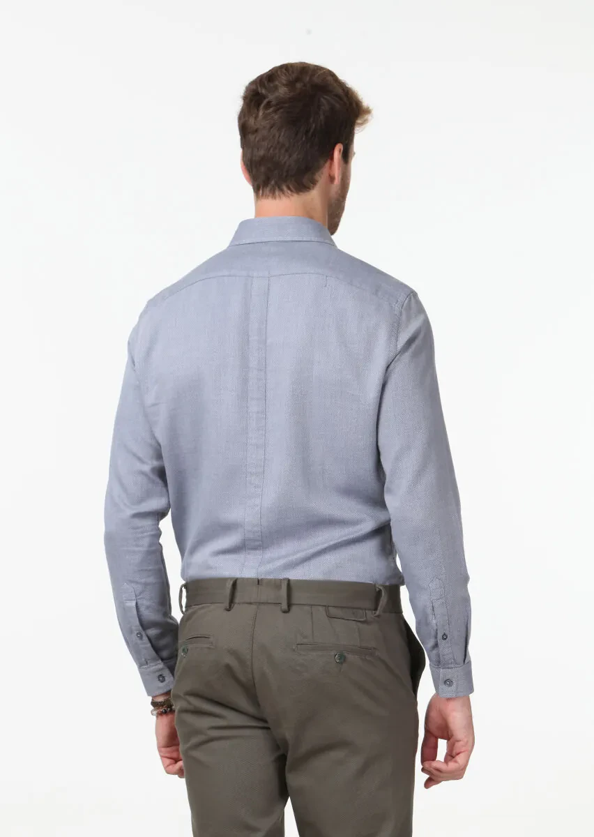 Koyu Mavi Mikro Fitted Fit Dokuma Casual %100 Pamuk Gömlek - 4