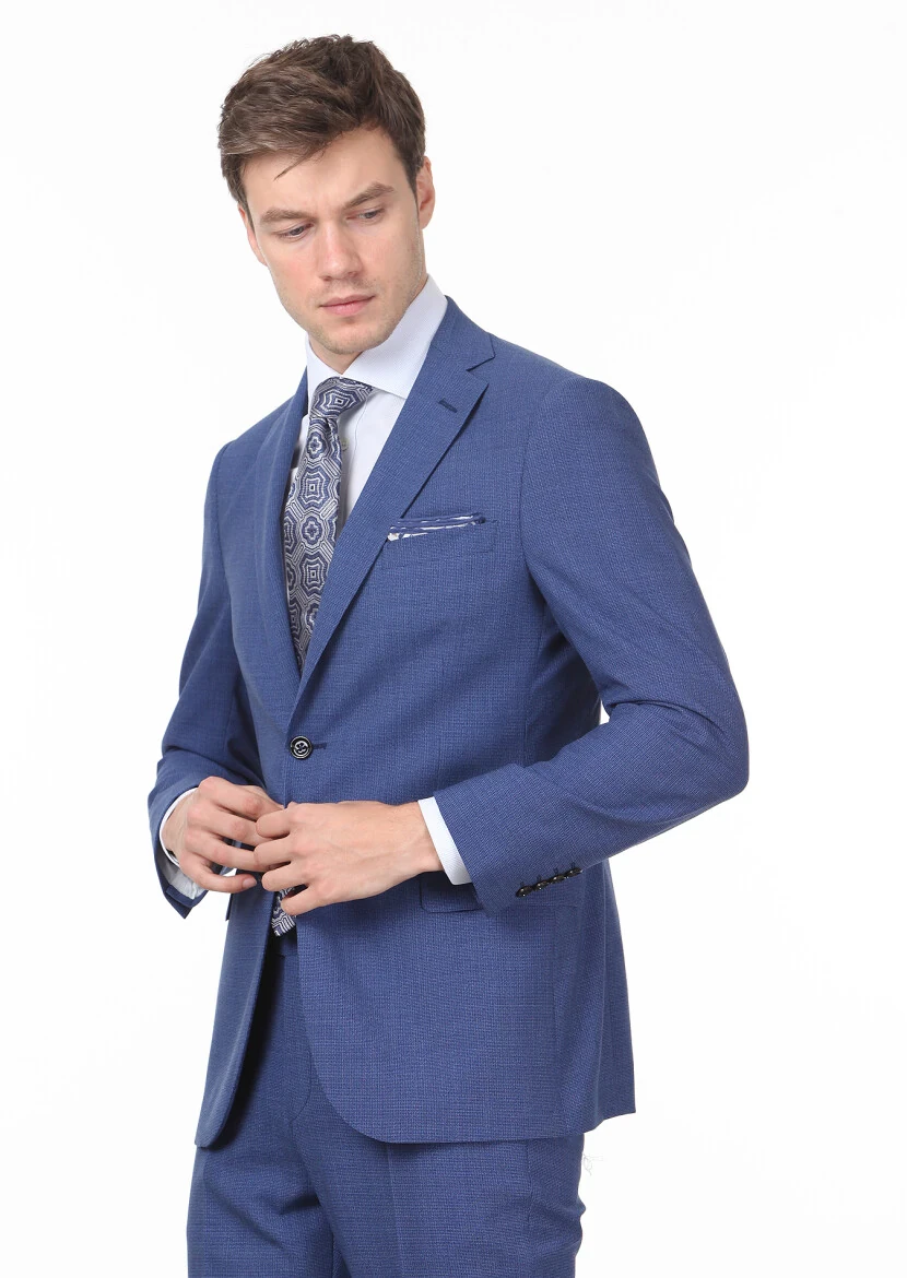 Koyu Mavi Mikro Regular Fit %100 Yün Takım Elbise - 1