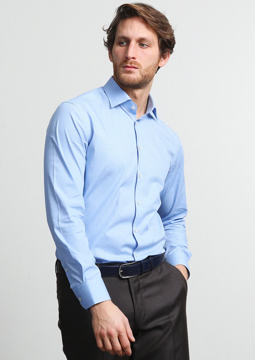 Koyu Mavi Mikro Regular Fit Dokuma Klasik %100 Pamuk Gömlek - 1