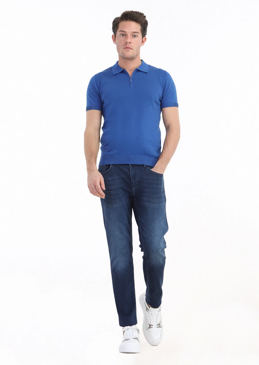 Koyu Mavi Polo Yaka Jakarlı %100 Pamuk Triko - 1