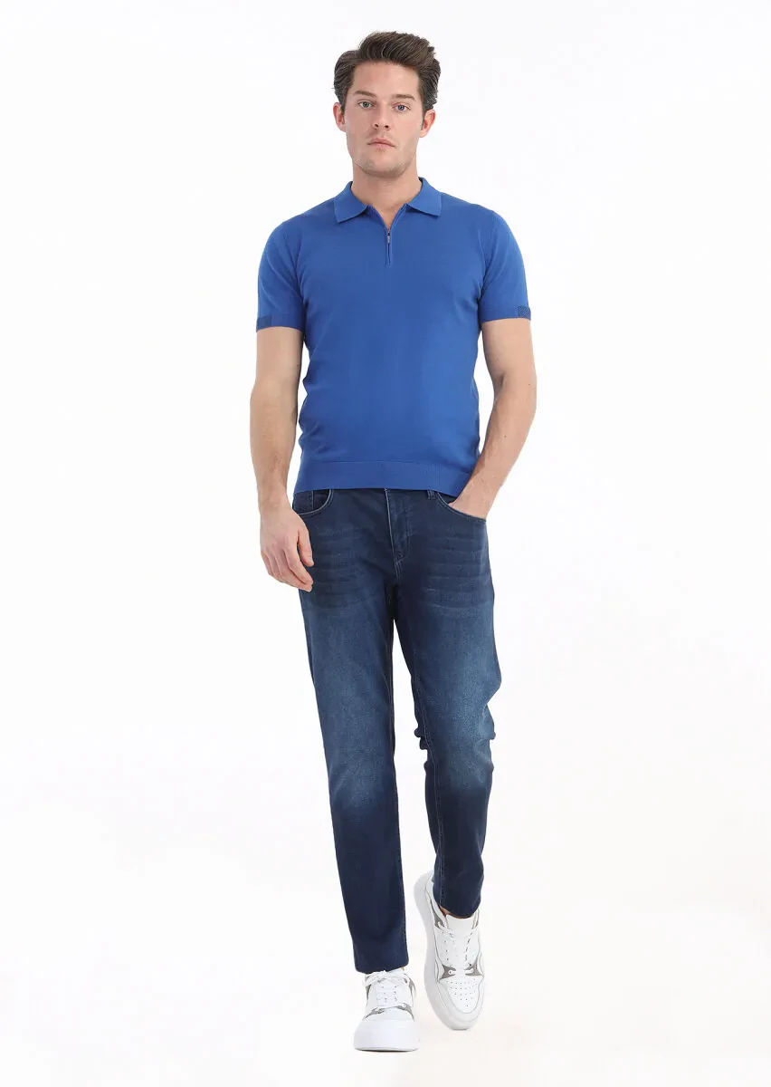Koyu Mavi Polo Yaka Jakarlı %100 Pamuk Triko - 1