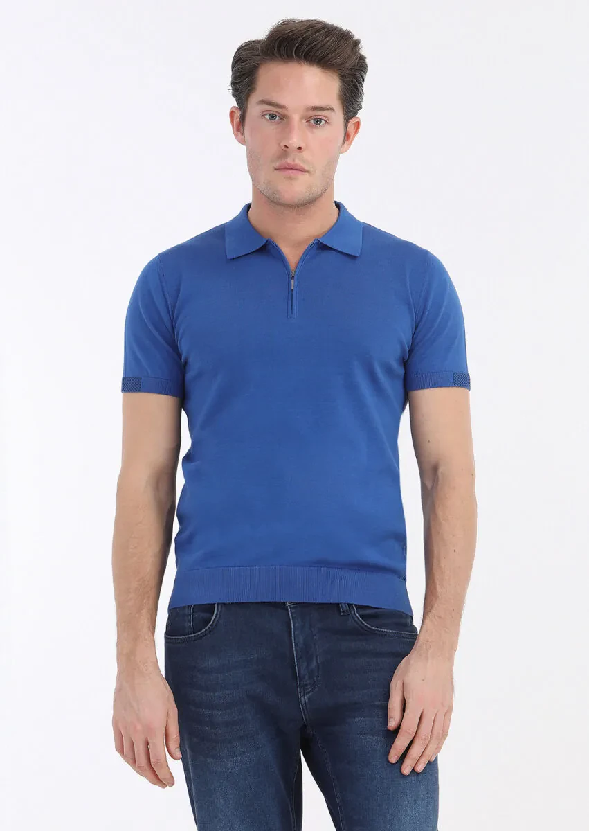 Koyu Mavi Polo Yaka Jakarlı %100 Pamuk Triko - 2