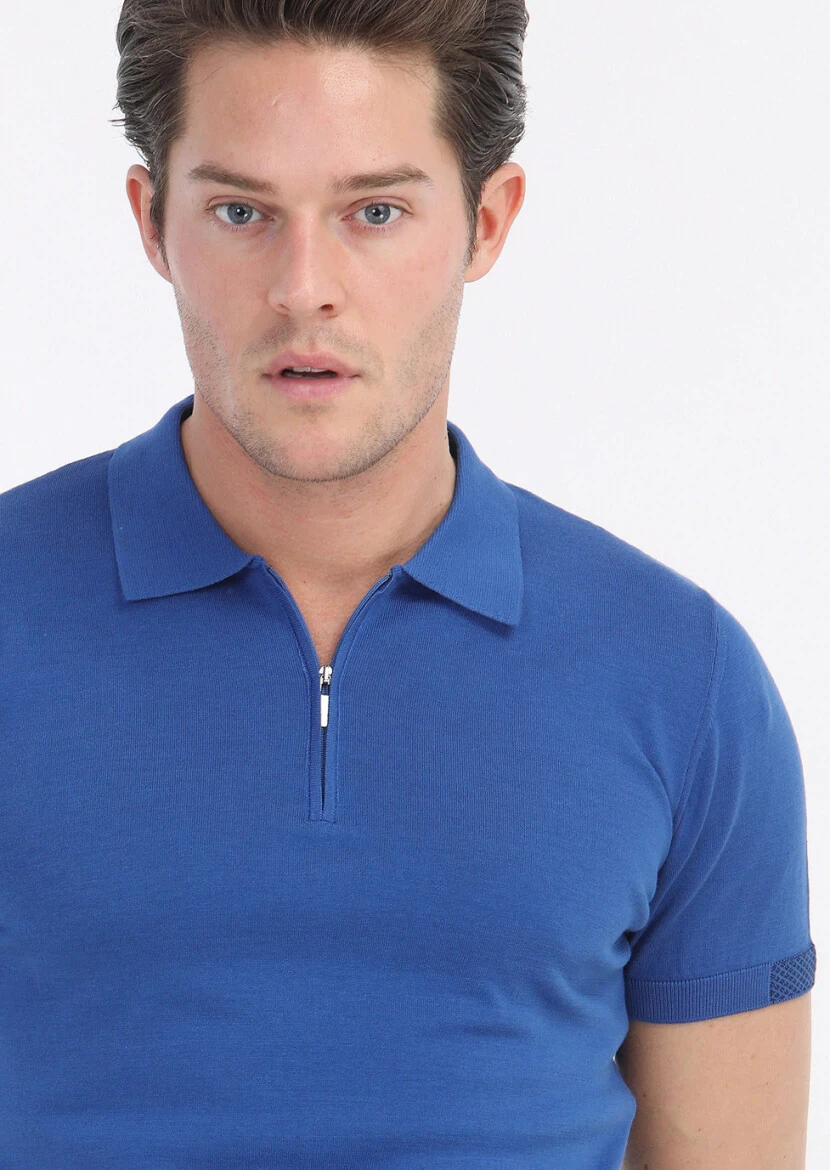 Koyu Mavi Polo Yaka Jakarlı %100 Pamuk Triko - 3