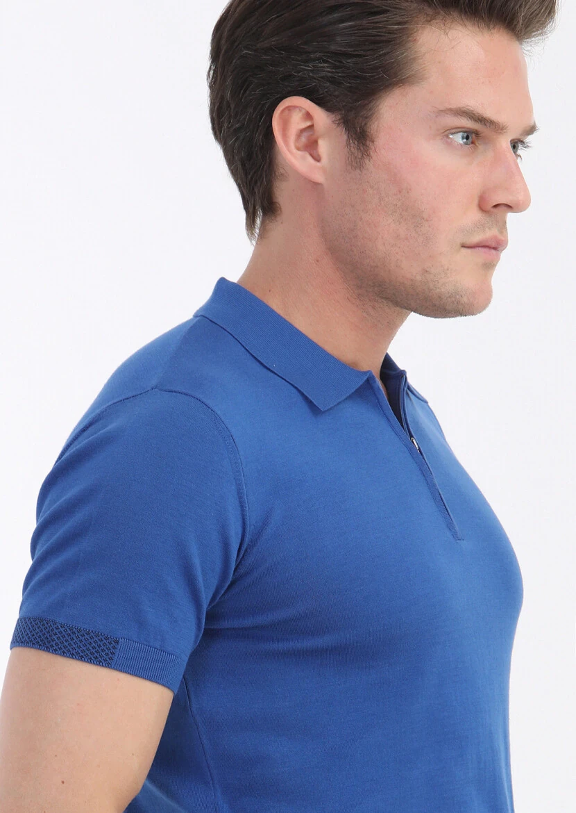 Koyu Mavi Polo Yaka Jakarlı %100 Pamuk Triko - 4