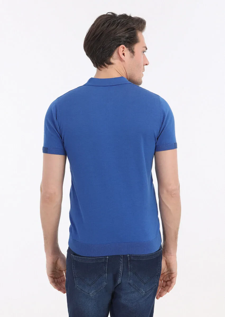 Koyu Mavi Polo Yaka Jakarlı %100 Pamuk Triko - 5