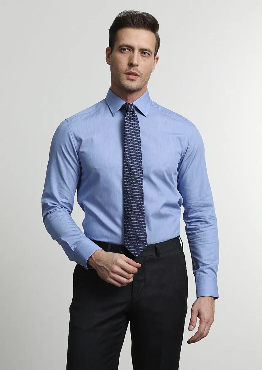 Koyu Mavi Slim Fit Dokuma Klasik %100 Pamuk Gömlek - 3