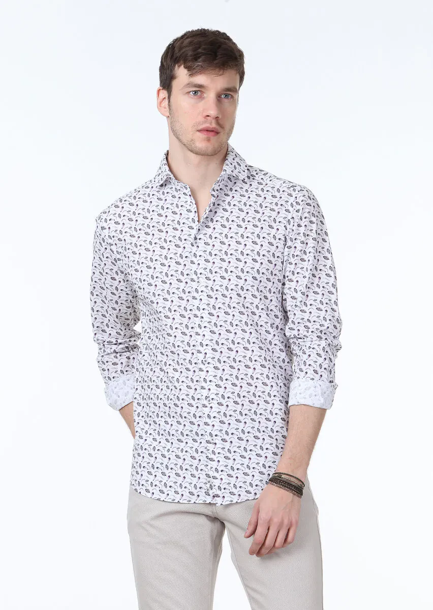 Koyu Mor Baskılı Regular Fit Dokuma Casual %100 Pamuk Gömlek - 1