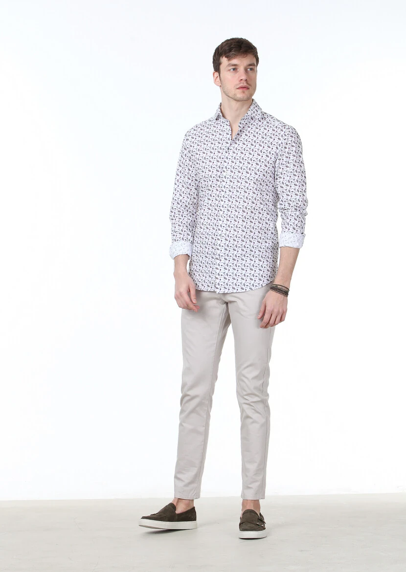 Koyu Mor Baskılı Regular Fit Dokuma Casual %100 Pamuk Gömlek - 2