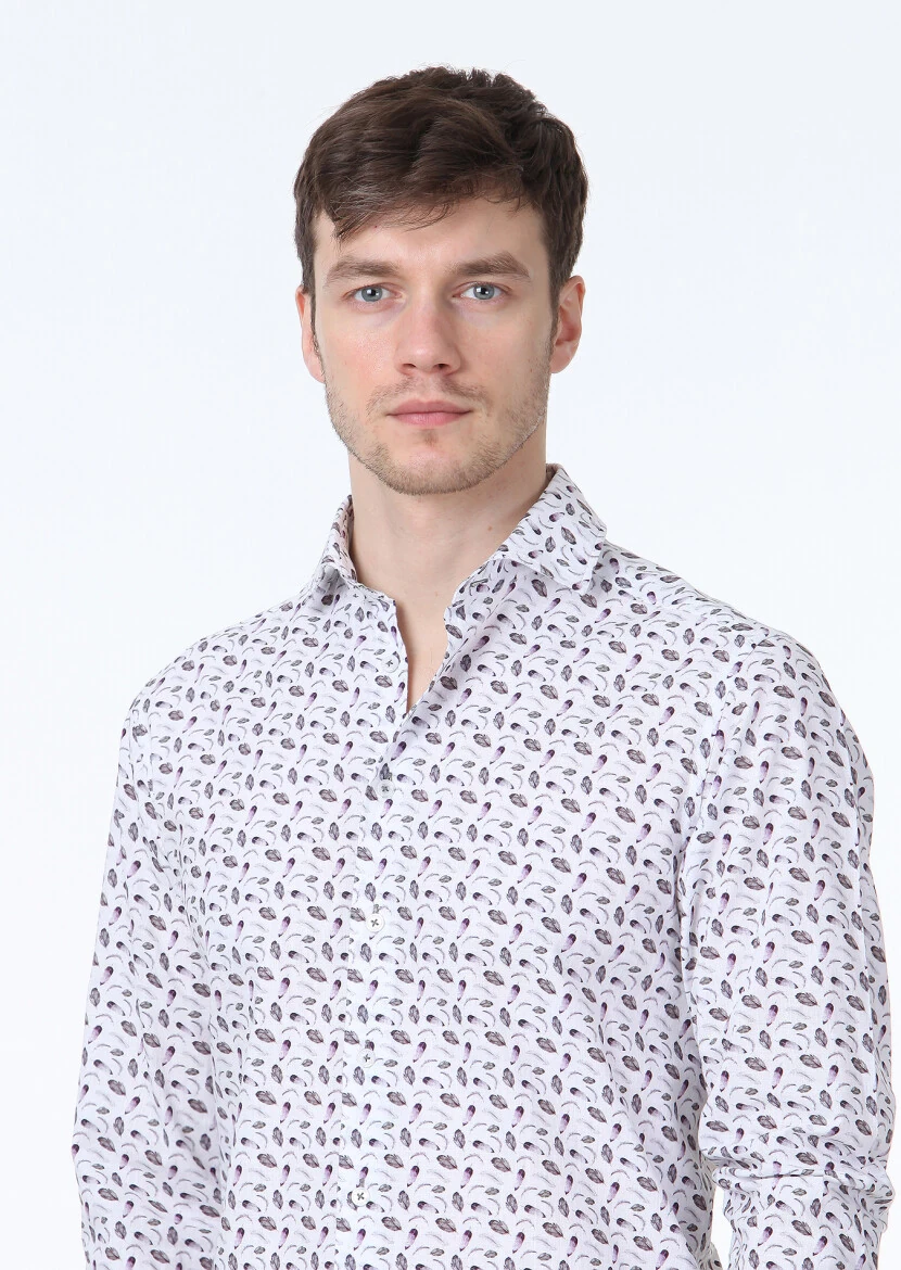 Koyu Mor Baskılı Regular Fit Dokuma Casual %100 Pamuk Gömlek - 3