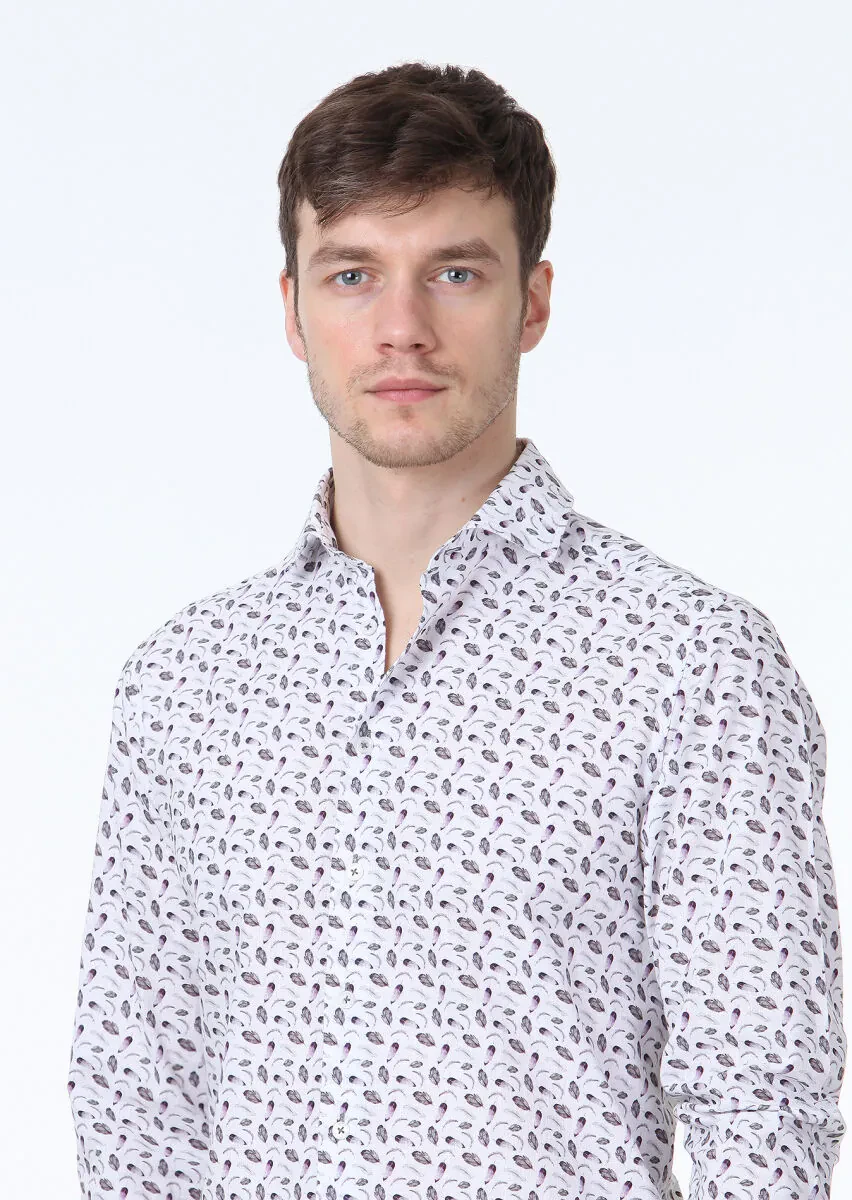 Koyu Mor Baskılı Regular Fit Dokuma Casual %100 Pamuk Gömlek - 3