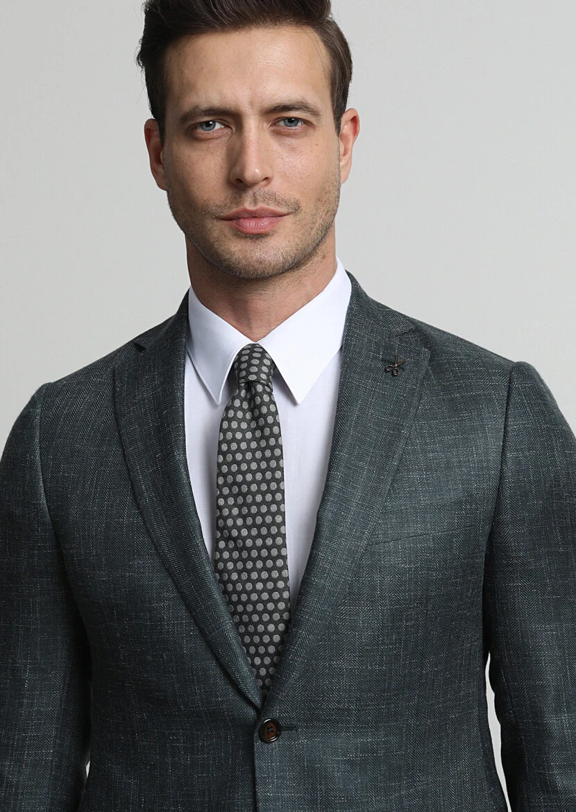 Koyu Yeşil Desenli Regular Fit İpek Karışımlı Ceket - 3