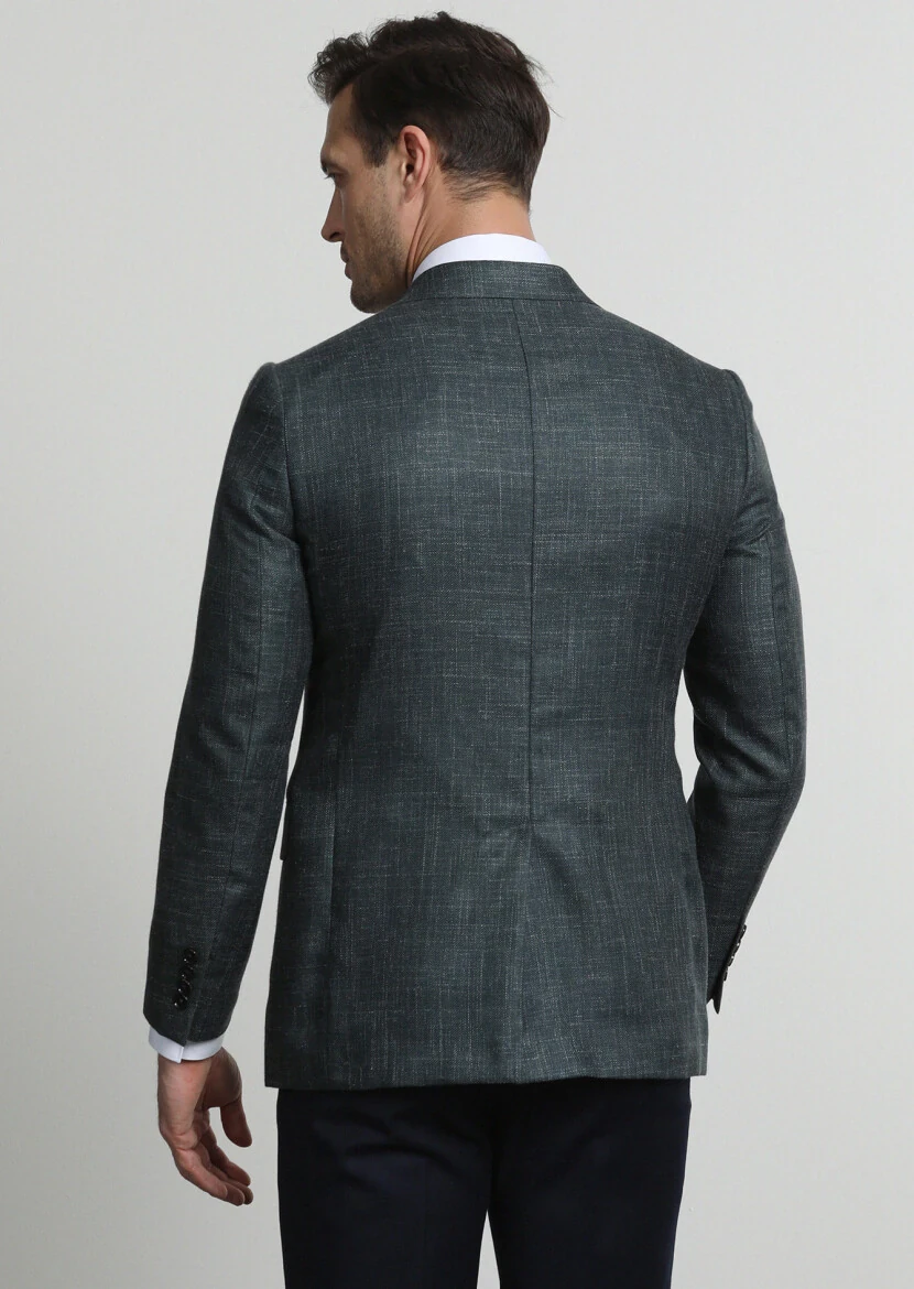 Koyu Yeşil Desenli Regular Fit İpek Karışımlı Ceket - 4