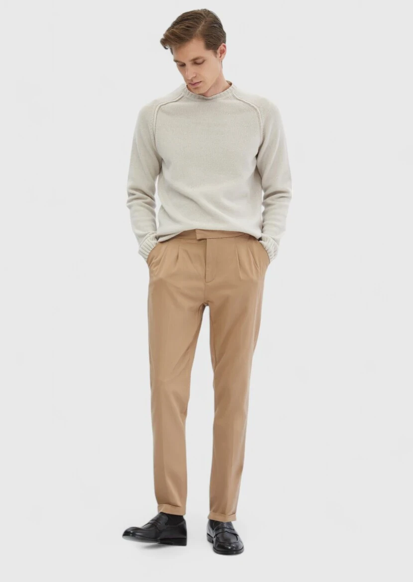 Kum Bisiklet Yaka Düz Örgü Yün Karışımlı Triko Kazak 