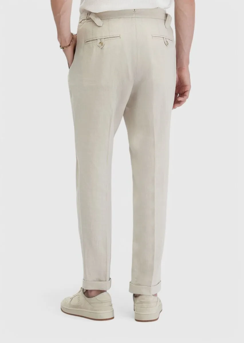 Kum Çizgili Dokuma Carrot Fit Casual %100 Keten Pantolon - 6