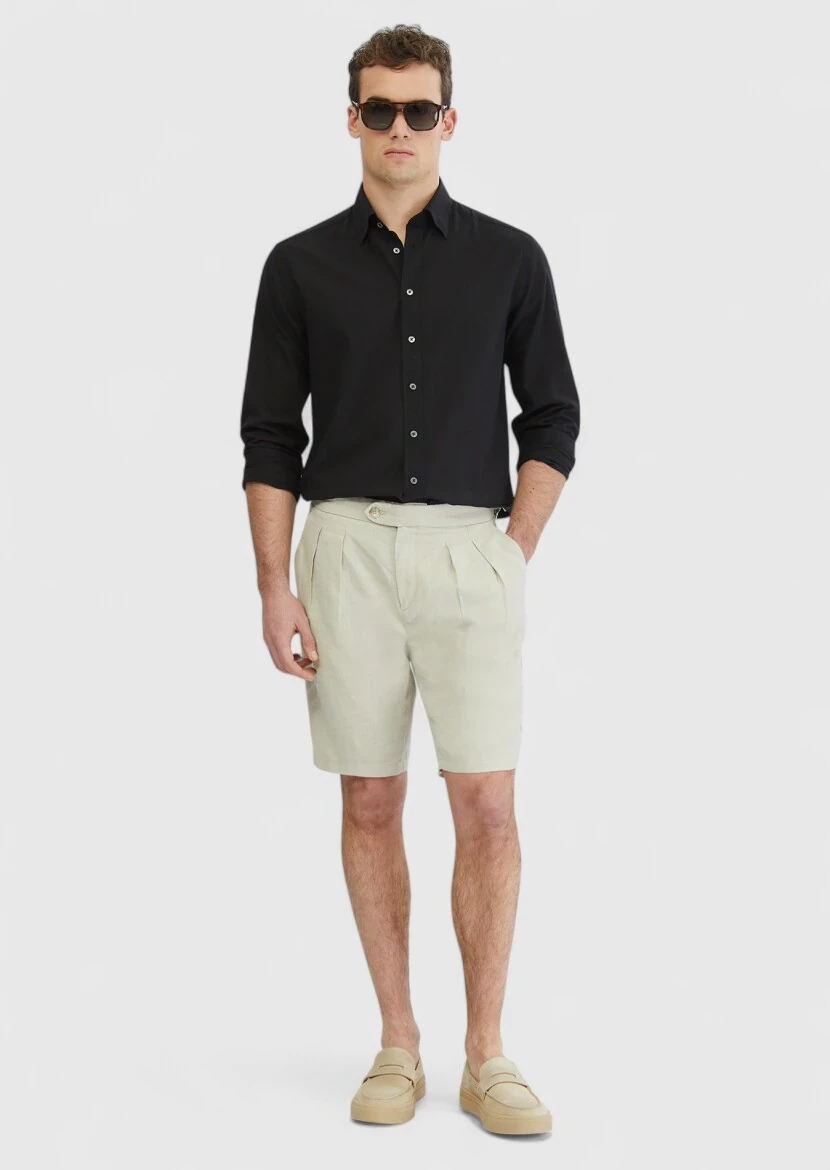 Kum Düz Dokuma Carrot Fit Casual %100 Keten Bermuda - RAMSEY