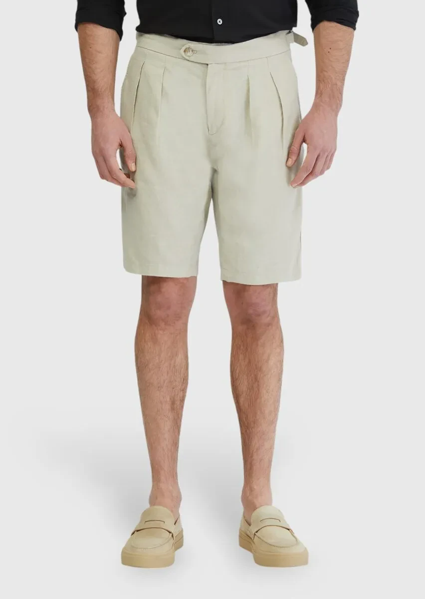 Kum Düz Dokuma Carrot Fit Casual %100 Keten Bermuda - 2