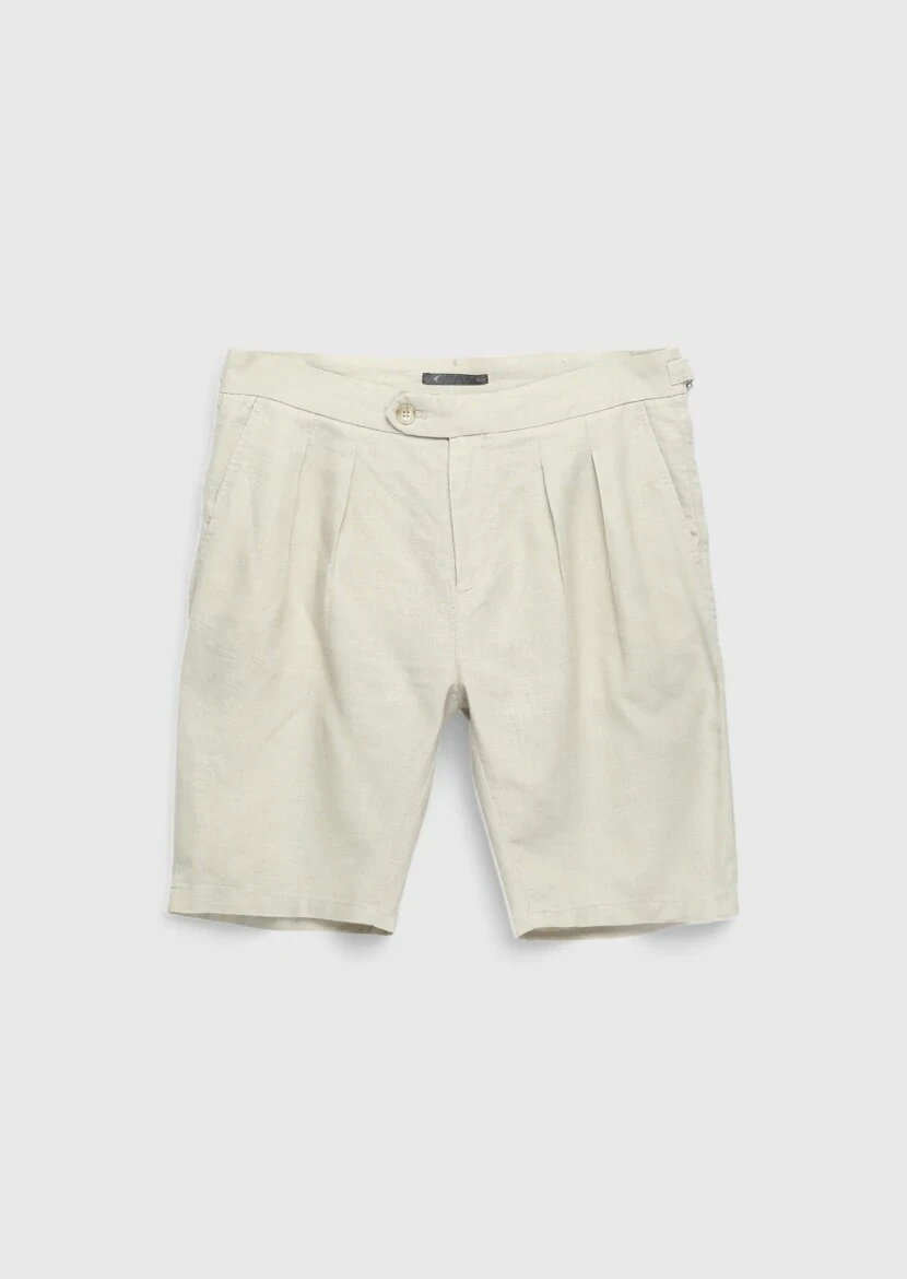 Kum Düz Dokuma Carrot Fit Casual %100 Keten Bermuda - 6