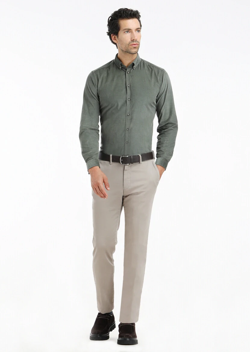 Kum Düz Dokuma Regular Fit Casual Pamuk Karışımlı Pantolon 