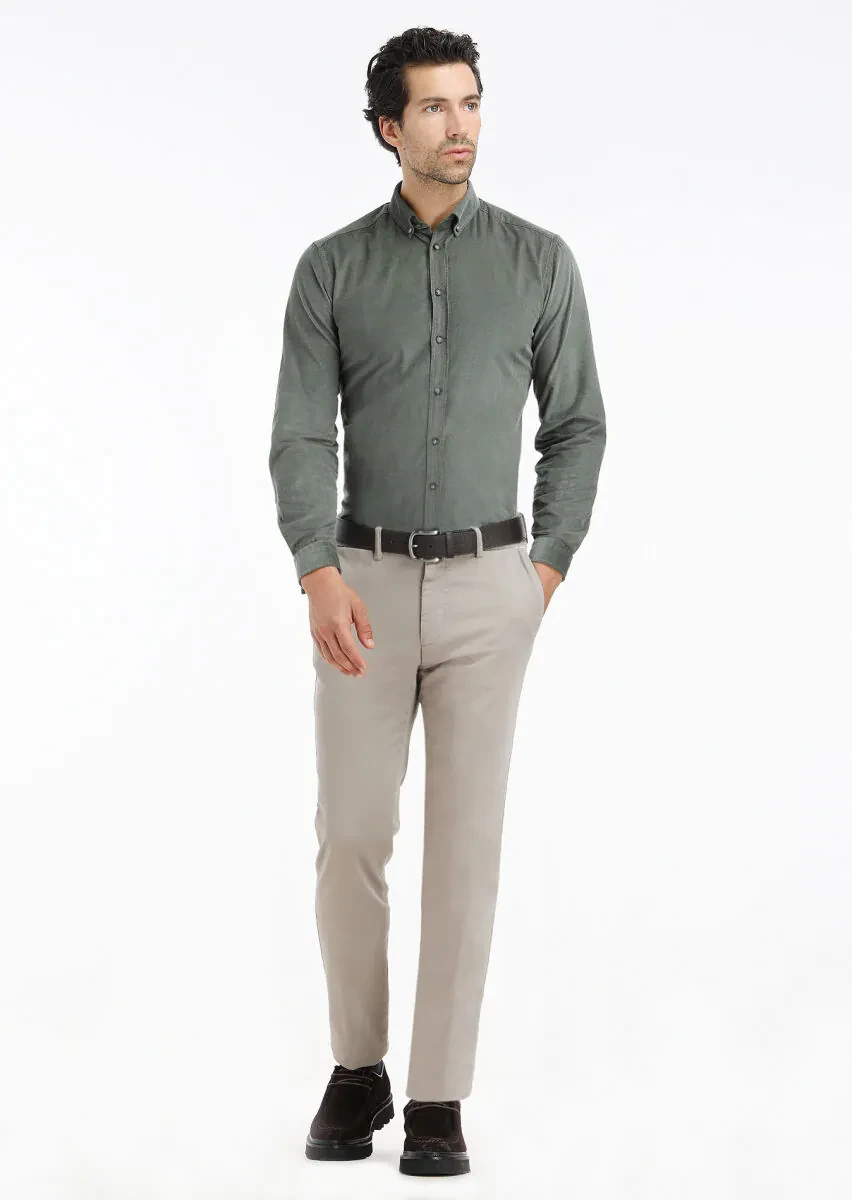 Kum Düz Dokuma Regular Fit Casual Pamuk Karışımlı Pantolon - 2