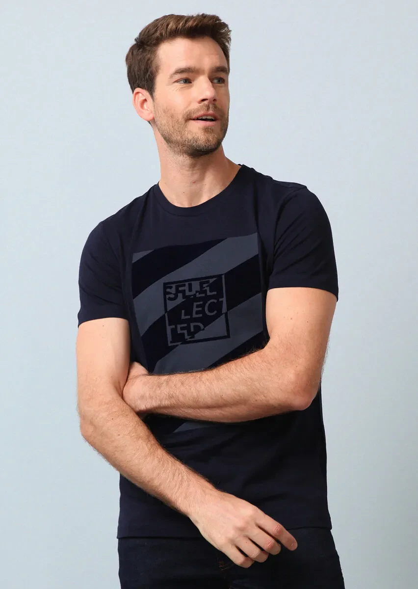 Lacivert Baskılı %100 Pamuk T-Shirt - 3