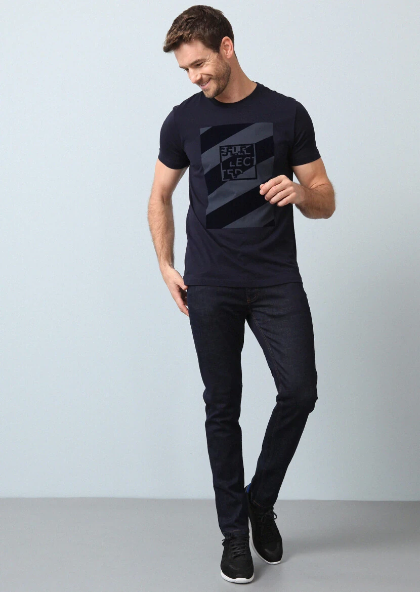 Lacivert Baskılı %100 Pamuk T-Shirt - 4