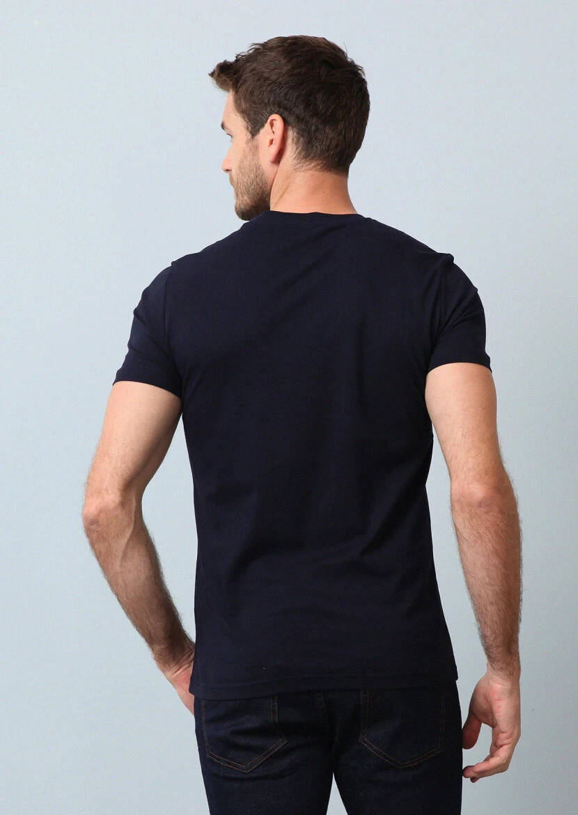 Lacivert Baskılı %100 Pamuk T-Shirt - 5