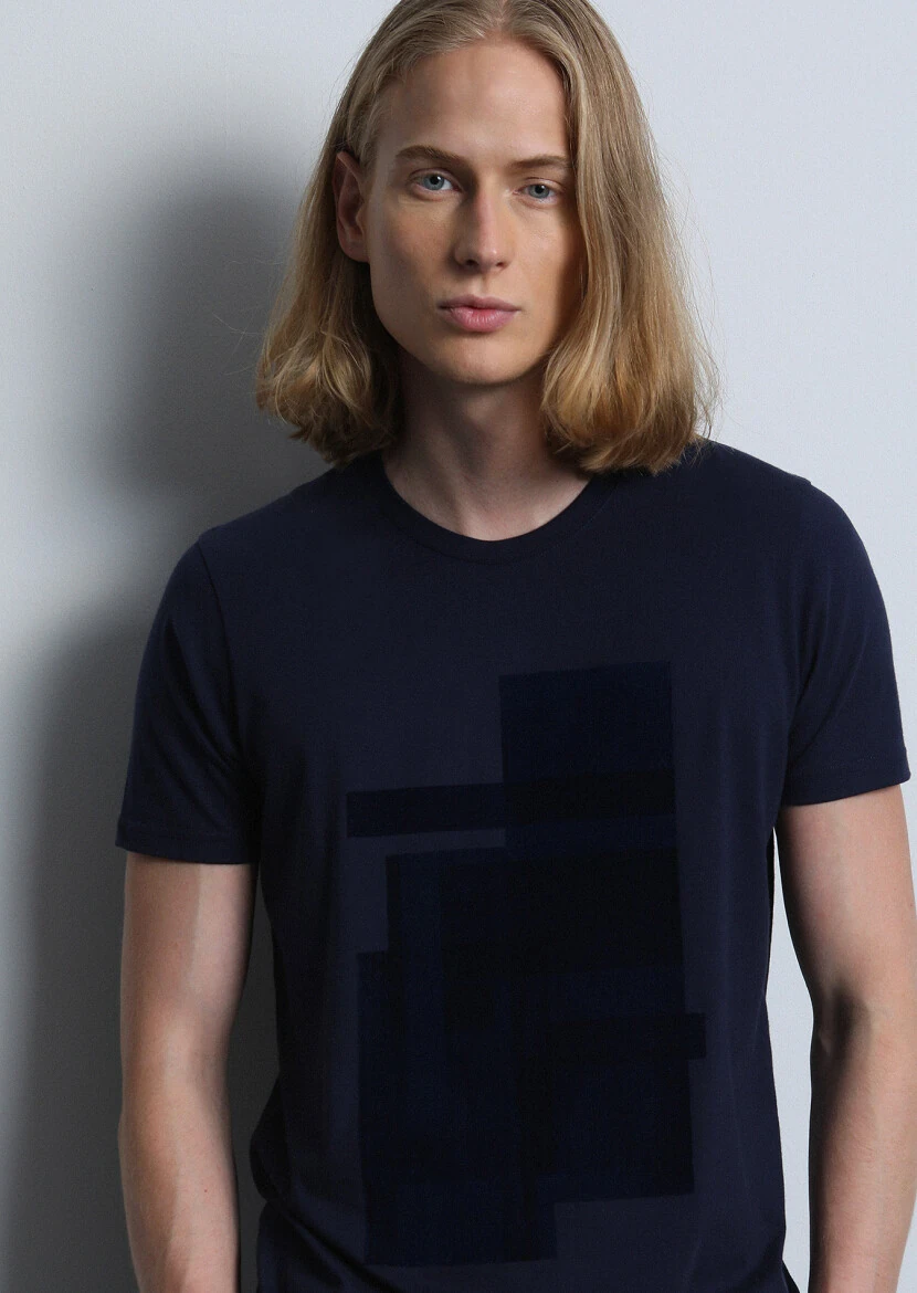 Lacivert Baskılı %100 Pamuk T-Shirt - 1