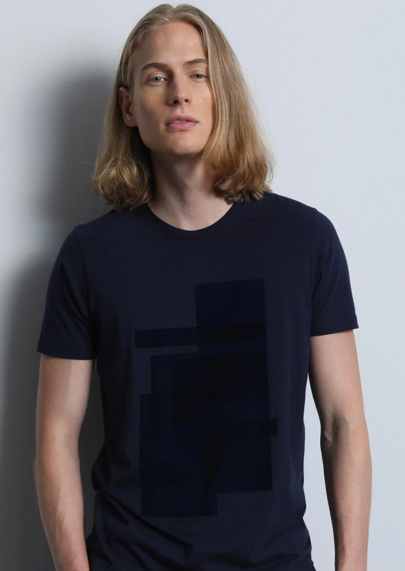 Lacivert Baskılı %100 Pamuk T-Shirt - 3