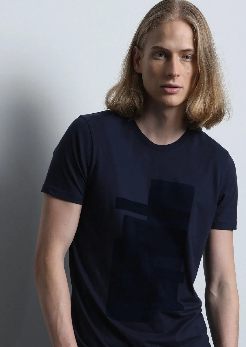 Lacivert Baskılı %100 Pamuk T-Shirt - 4