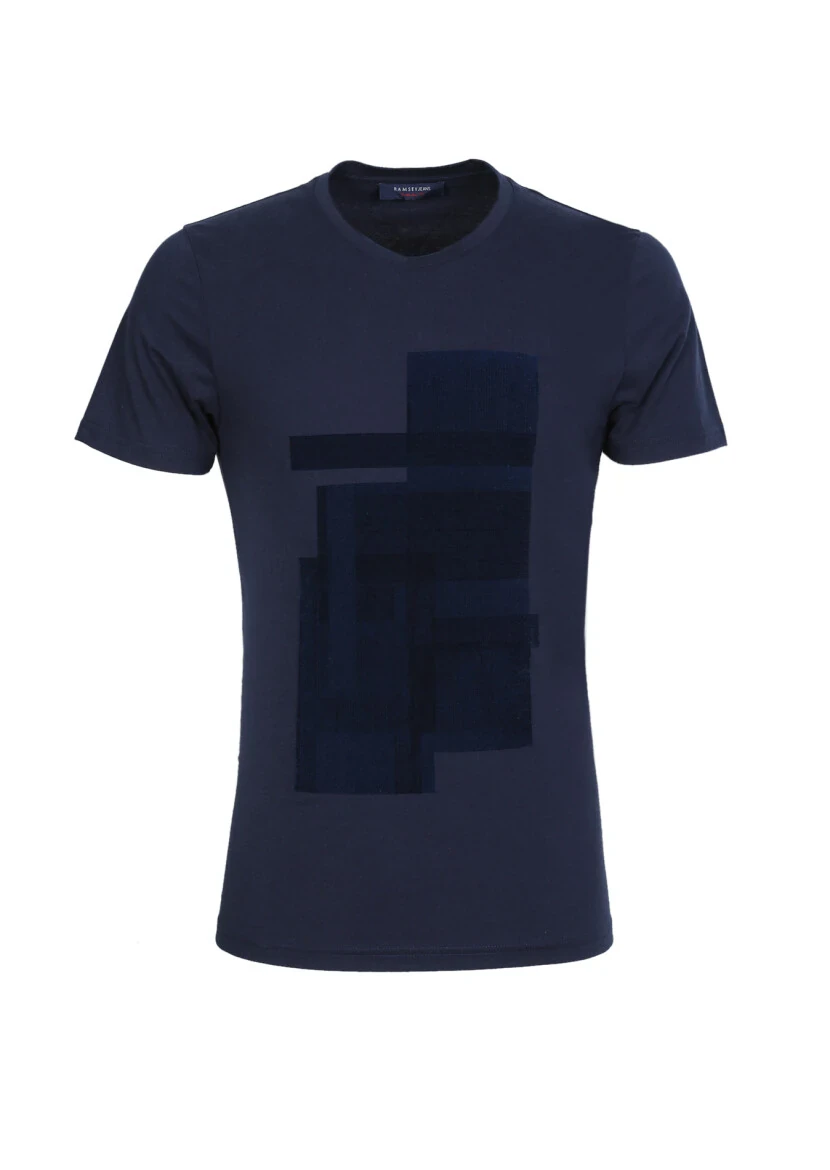 Lacivert Baskılı %100 Pamuk T-Shirt - 6