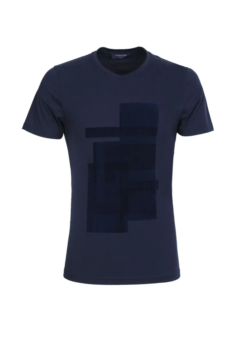 Lacivert Baskılı %100 Pamuk T-Shirt - 6