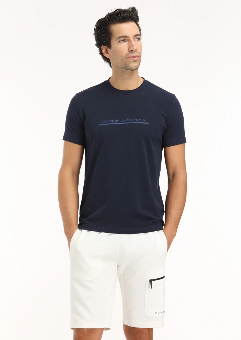 Lacivert Baskılı Bisiklet Yaka %100 Pamuk T-Shirt 