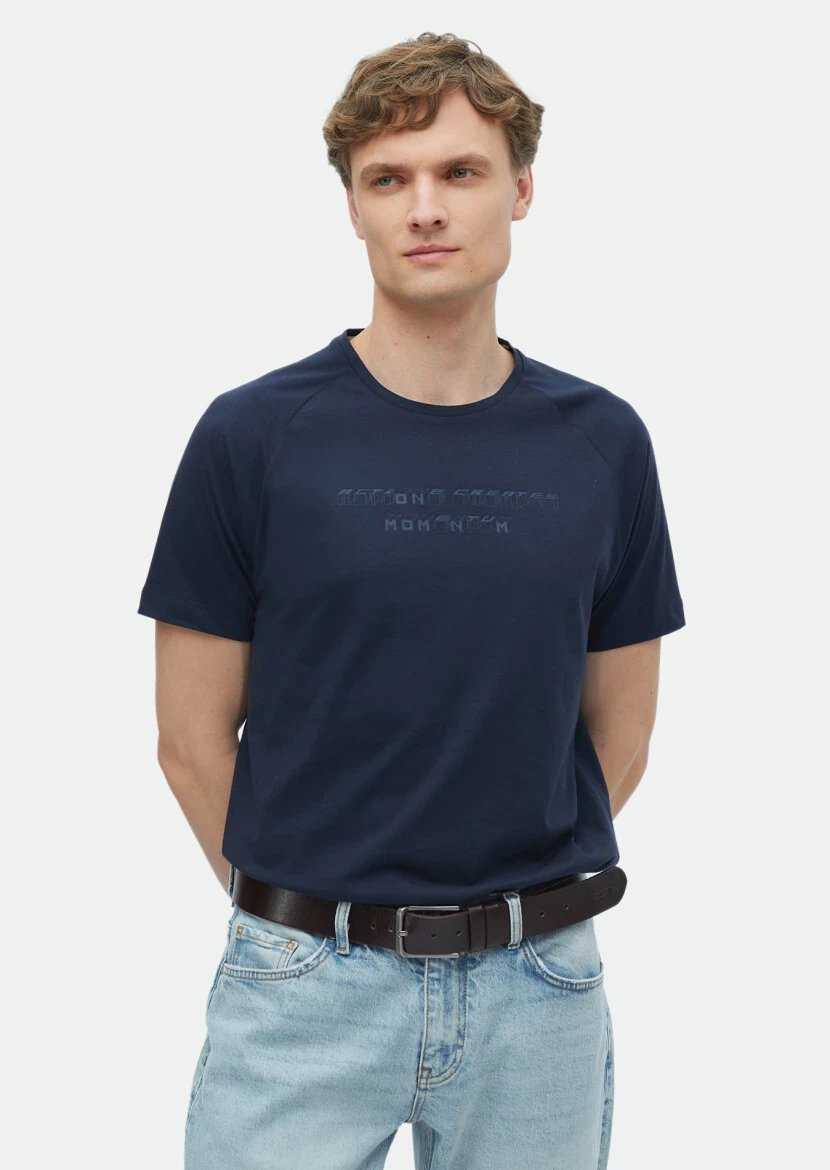 Lacivert Baskılı Bisiklet Yaka %100 Pamuk T-Shirt - 1