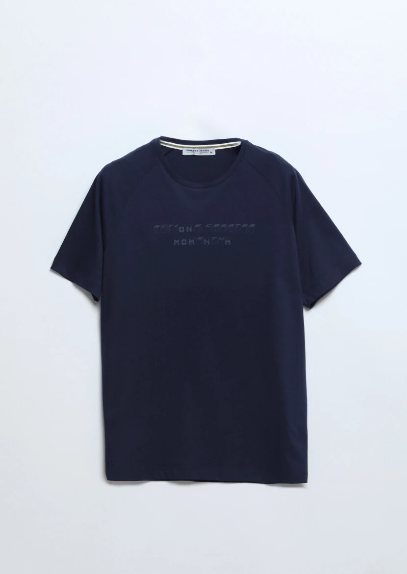 Lacivert Baskılı Bisiklet Yaka %100 Pamuk T-Shirt - 6