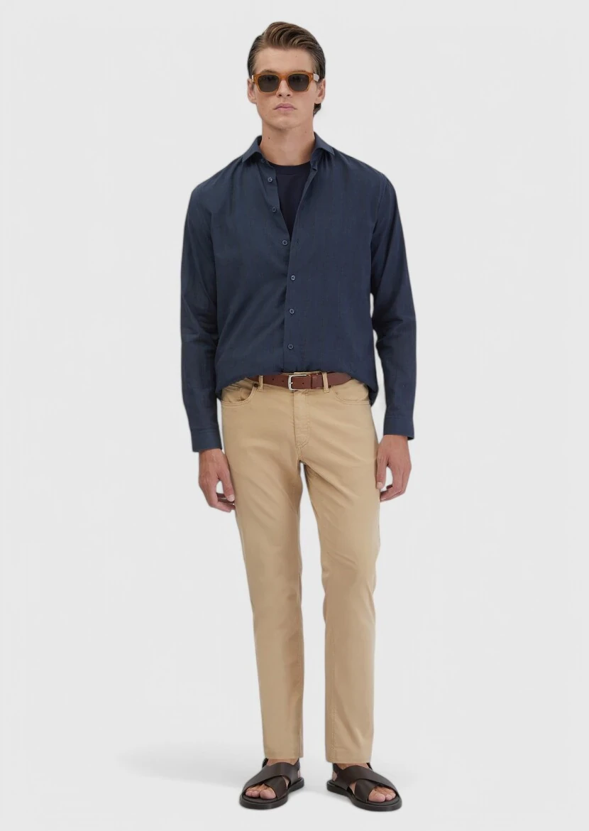 Lacivert Baskılı Casual Fit Dokuma Casual %100 Pamuk Gömlek - RAMSEY