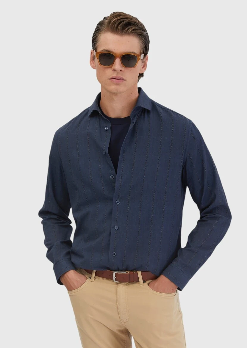 Lacivert Baskılı Casual Fit Dokuma Casual %100 Pamuk Gömlek - 3