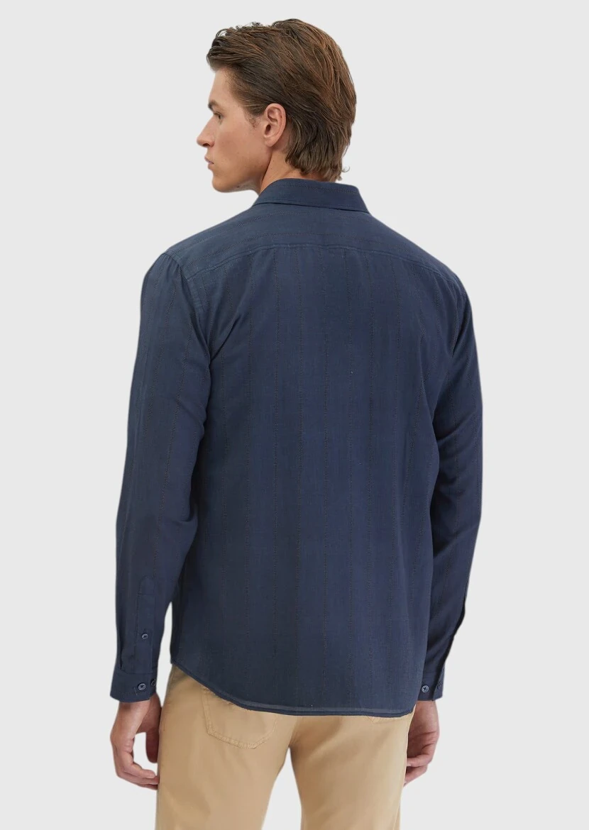 Lacivert Baskılı Casual Fit Dokuma Casual %100 Pamuk Gömlek - 5