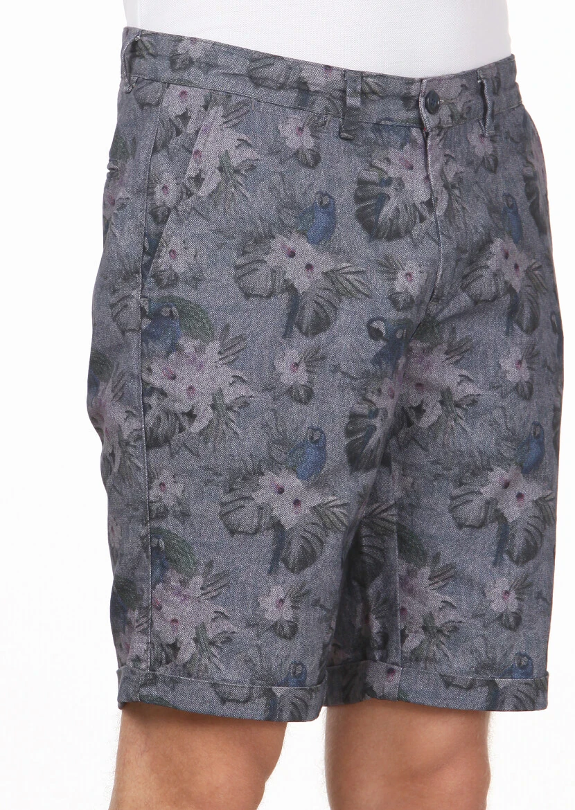 Lacivert Baskılı Dokuma Regular Fit Casual %100 Pamuk Bermuda - 3