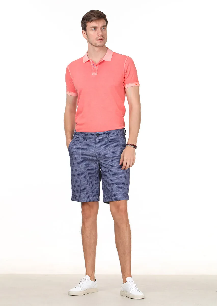 Lacivert Baskılı Dokuma Regular Fit Casual %100 Pamuk Bermuda - 1