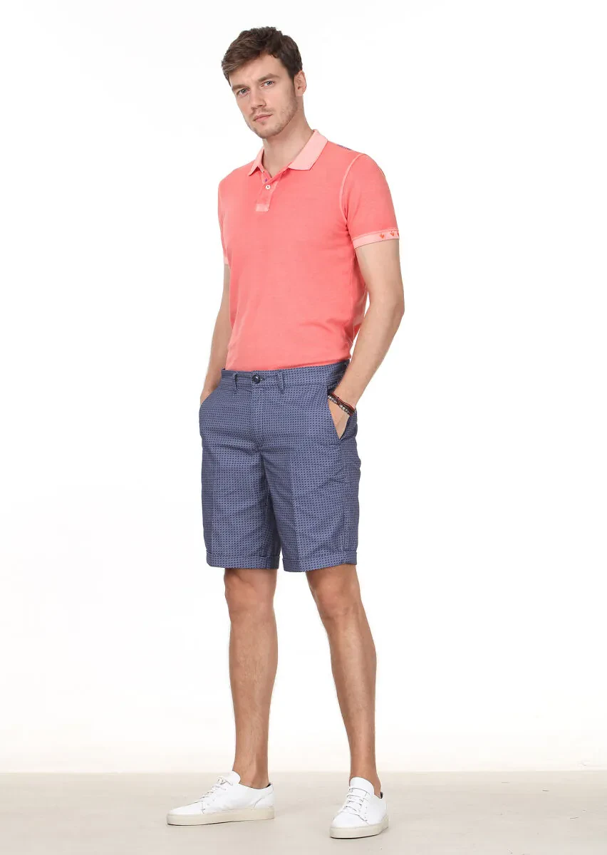 Lacivert Baskılı Dokuma Regular Fit Casual %100 Pamuk Bermuda - 2