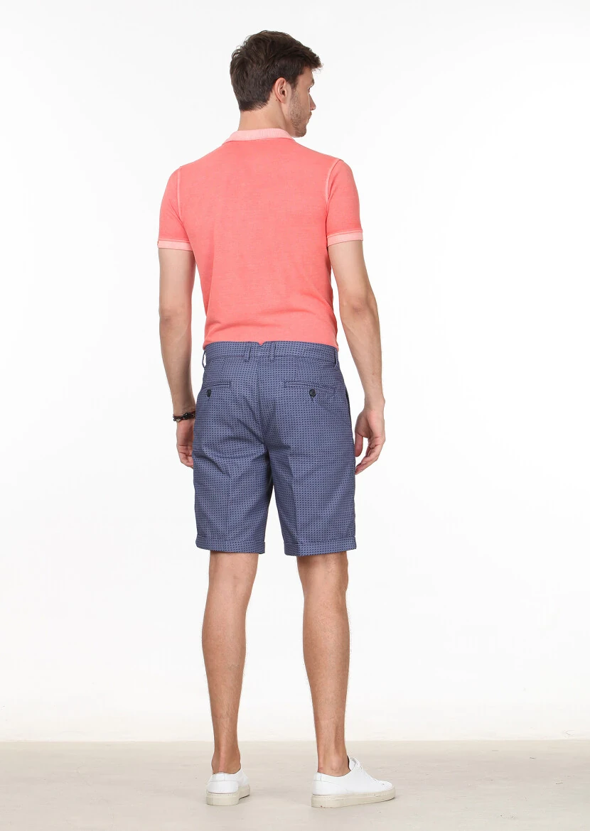 Lacivert Baskılı Dokuma Regular Fit Casual %100 Pamuk Bermuda - 4