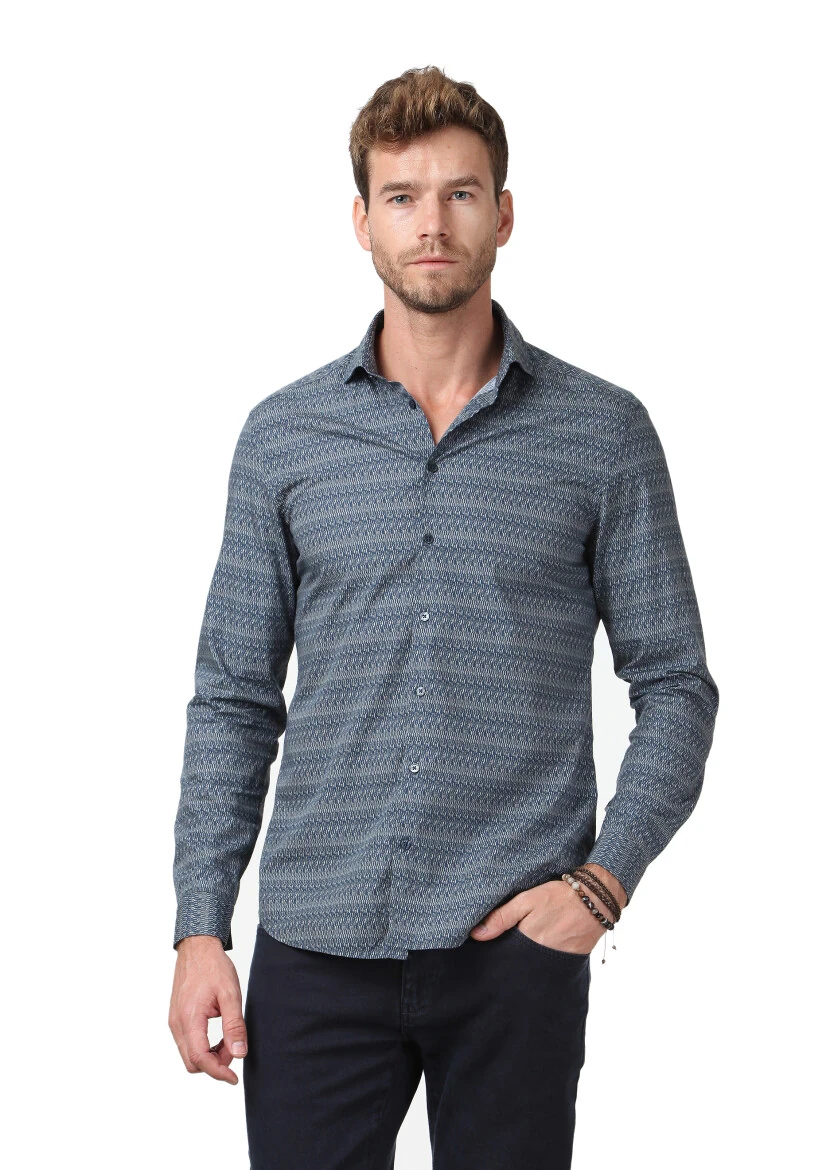 Lacivert Baskılı Fitted Fit Dokuma Casual %100 Pamuk Gömlek - 1