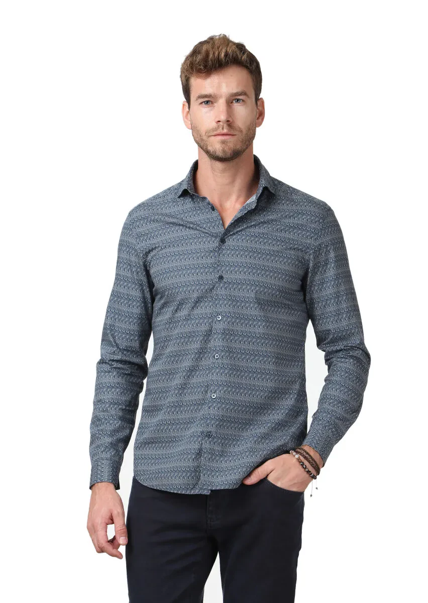 Lacivert Baskılı Fitted Fit Dokuma Casual %100 Pamuk Gömlek - 1