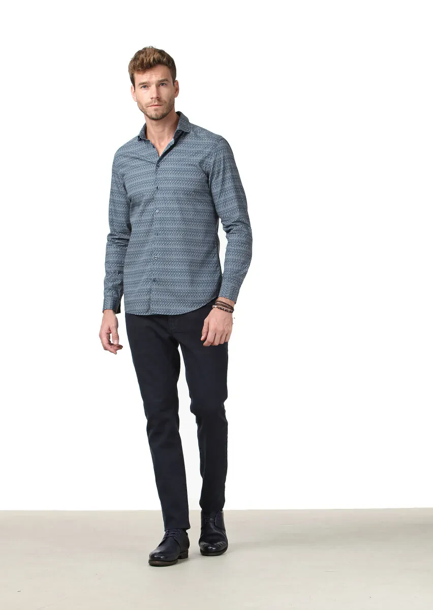Lacivert Baskılı Fitted Fit Dokuma Casual %100 Pamuk Gömlek - 2